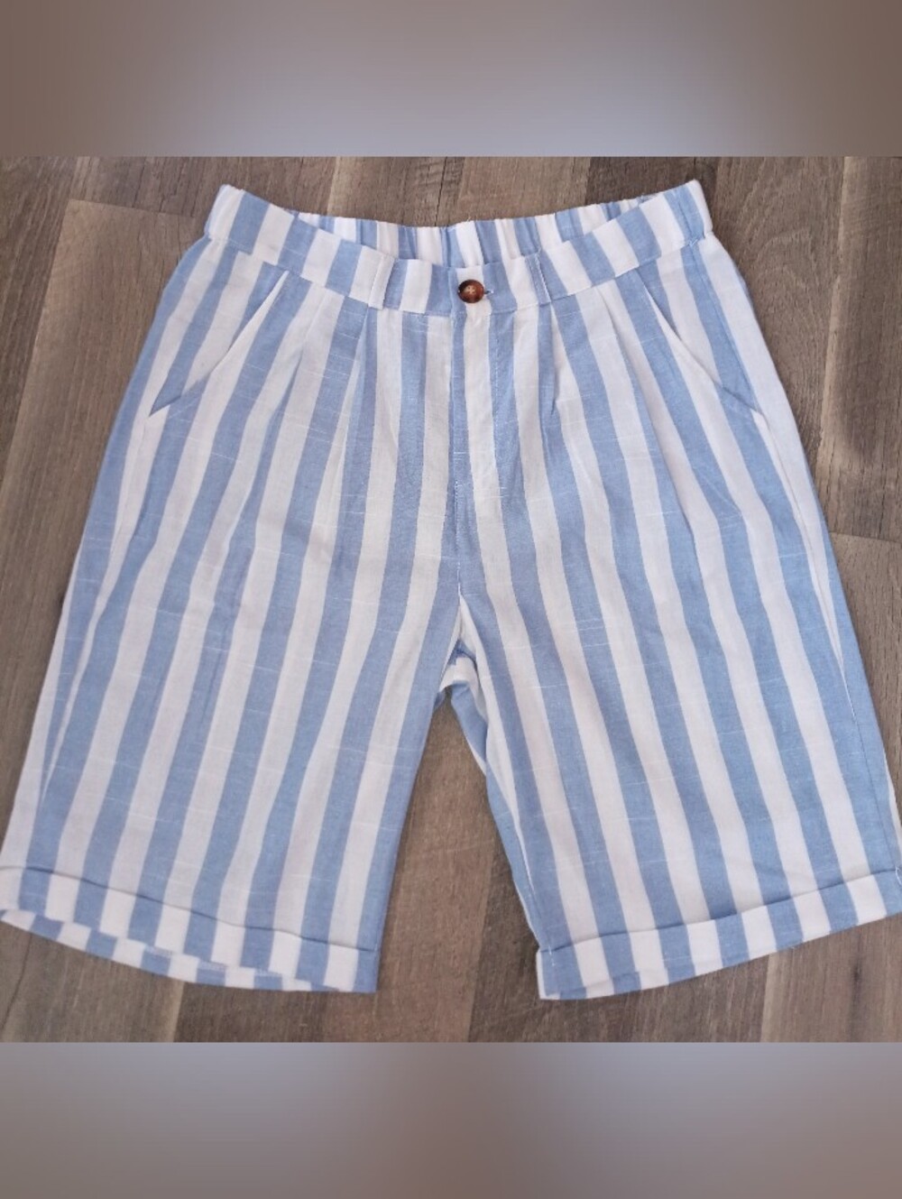 Coastal Nautical Blue White Striped Pull-On Linen /Cotton Blend Shorts Size SM